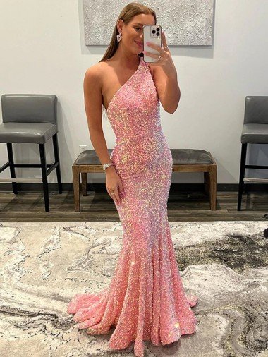 Pink Sheath One Shoulder Sleeveless Long Sweep Train Velvet Sequin Prom Dress UK