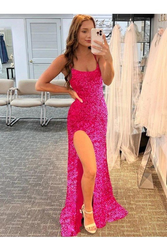 Fuchsia Sheath Spaghetti Straps Sleeveless Long Sweep Train Velvet Sequin Prom Dress UK