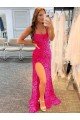 Fuchsia Sheath Spaghetti Straps Sleeveless Long Sweep Train Velvet Sequin Prom Dress UK