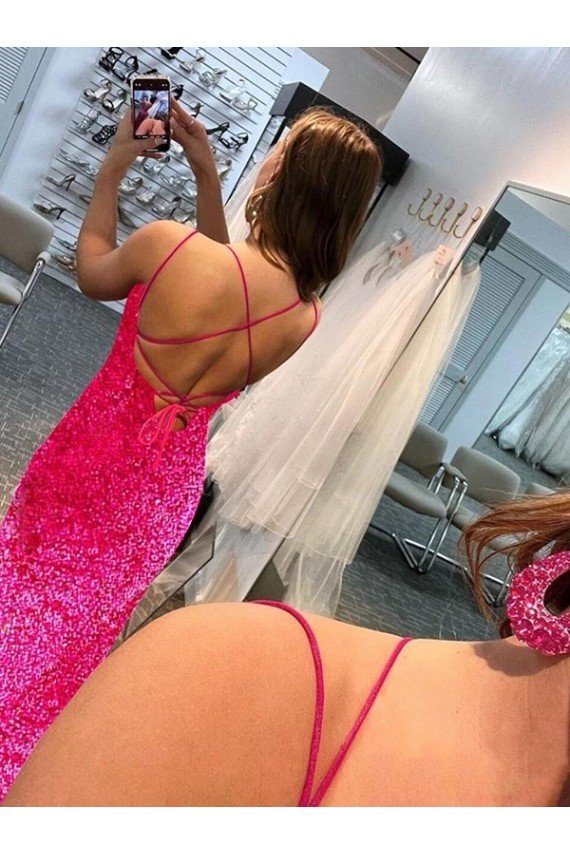 Fuchsia Sheath Spaghetti Straps Sleeveless Long Sweep Train Velvet Sequin Prom Dress UK