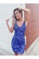 Short Velvet Sequin Blue Sheath V-Neck Sleeveless Prom Dress UK